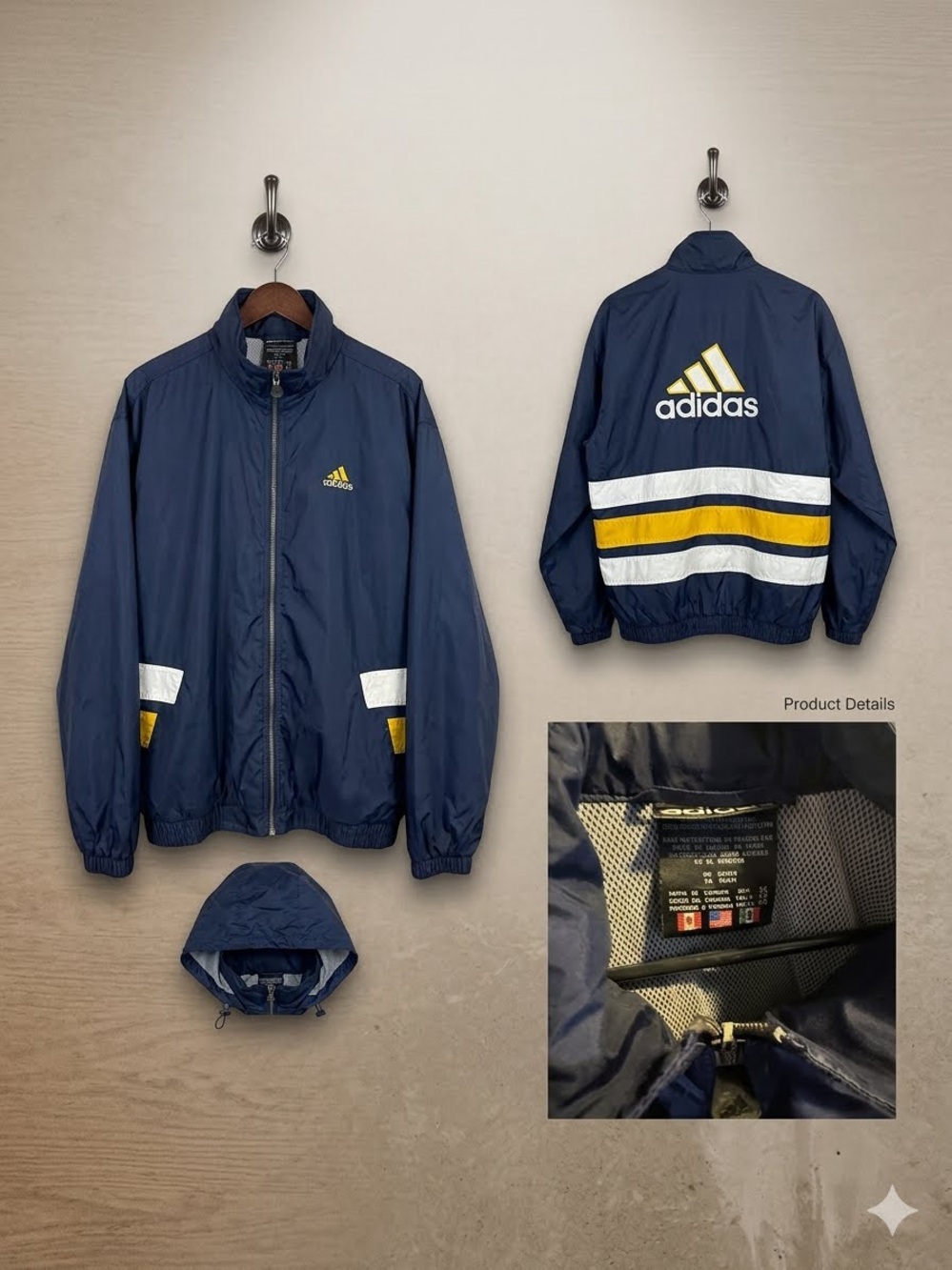 1990 vintage Adidas Navy Windbreaker Jacket with Yellow & White Stripes